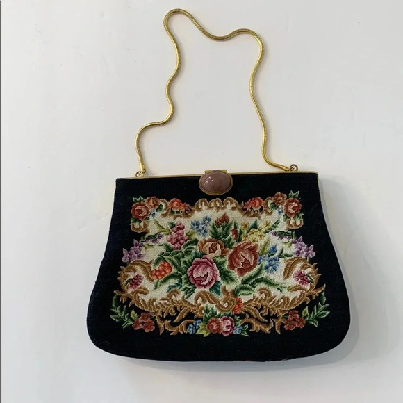 Vintage Floral Petit Point Rose Quartz Gold Filigree Embroidered Black Handbag - Picture 1 of 16